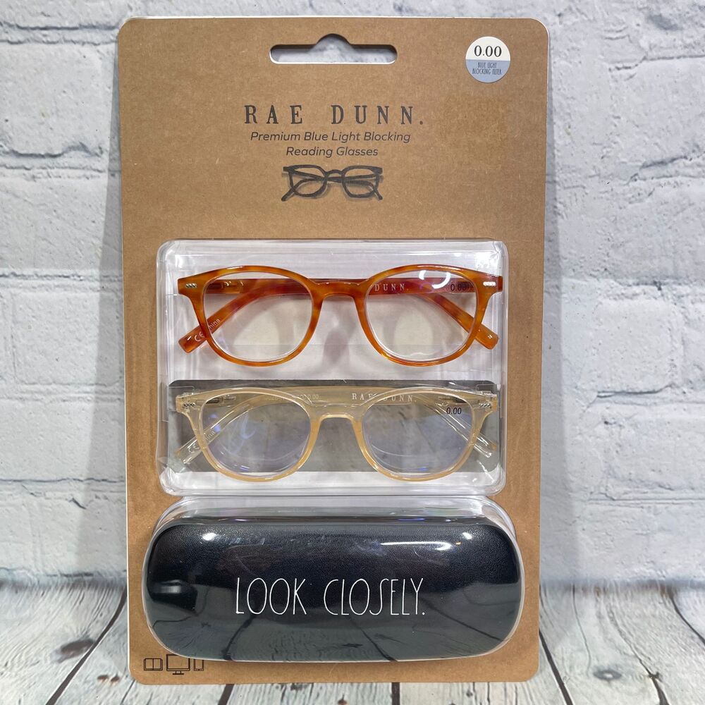 Rae Dunn Premium Blue Light Blocking 0.00 2 Glasses + Case Brown Ivory